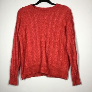 Red with white cable knit cozy sweater round neck cabincore winter fall size XS